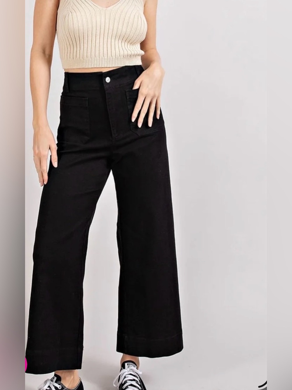 ee:some black wide leg trousers/jeans high-rise waist front patch pockets small